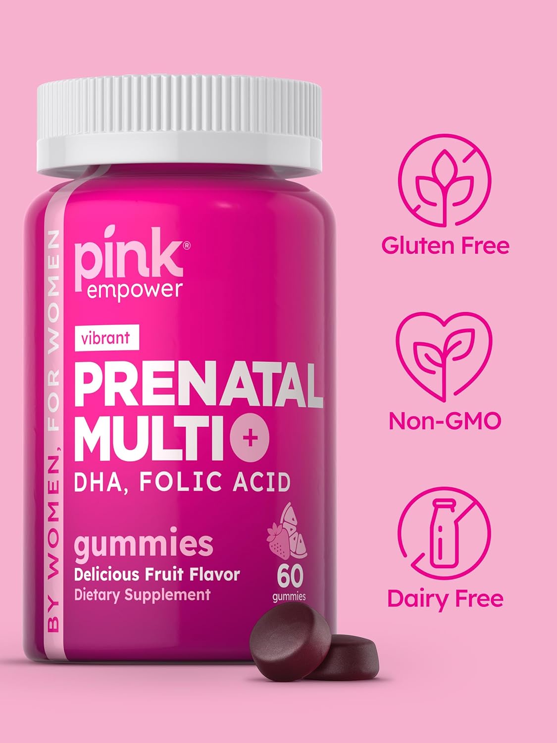 60 Non-GMO Pink Prenatal Gummies with DHA, Folic Acid, and Fruit Flavor | Gluten-Free Multivitamin