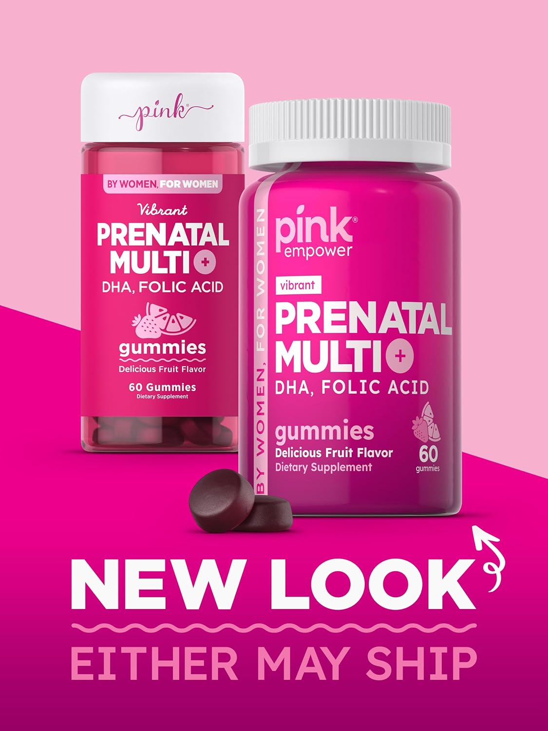 60 Non-GMO Pink Prenatal Gummies with DHA, Folic Acid, and Fruit Flavor | Gluten-Free Multivitamin