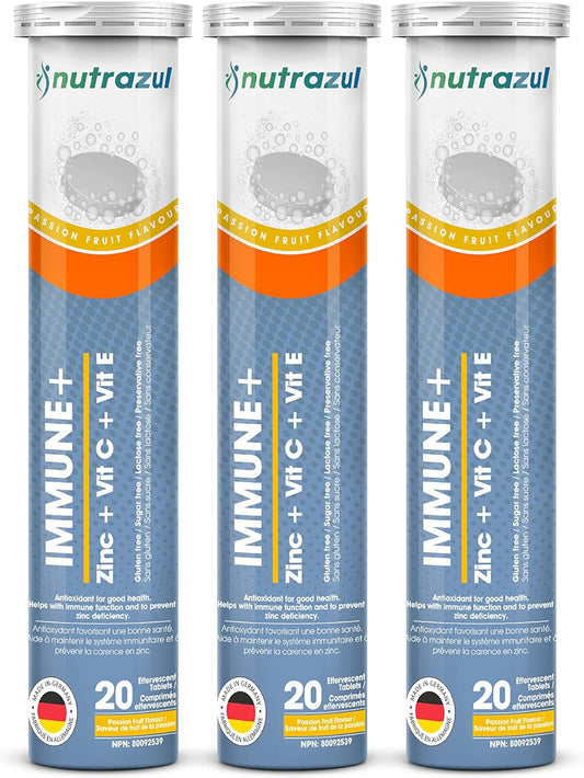 60 Nutrazul Immune+ Effervescent Tablets with Vitamin C, Zinc, and E - Immune Support for Adults & Kids - Passion Fruit Flavor - Flu Season Protection