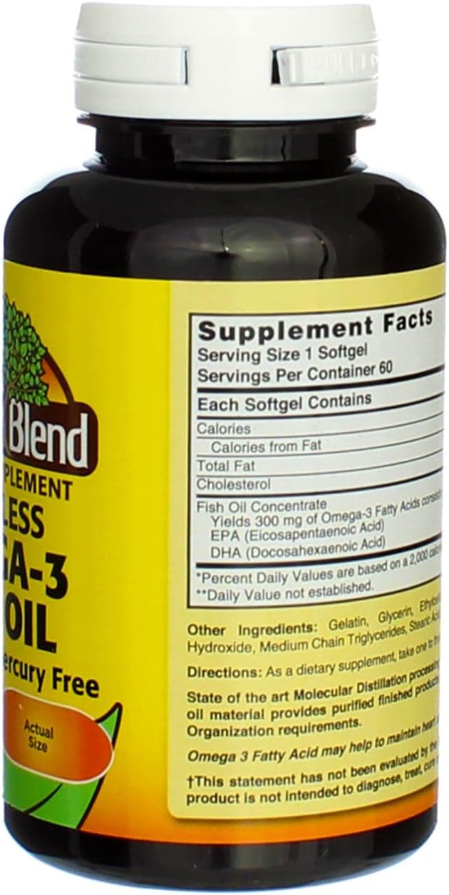 60 Odorless Nature's Blend Omega-3 Fish Oil Softgels