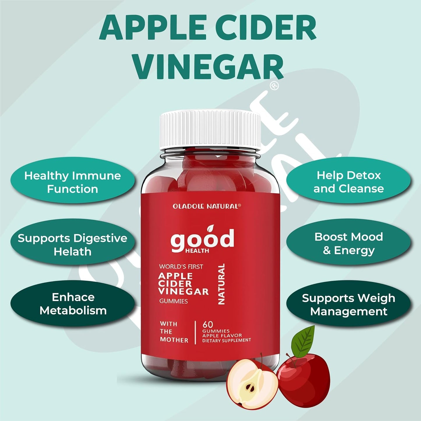 60 Oladole Apple Cider Vinegar Gummies with Mother, Vitamin B12, B9, Pomegranate, Beetroot - Gelatin-Free, Gluten-Free, Vegan