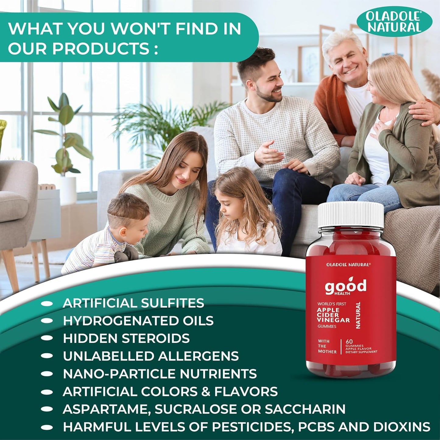 60 Oladole Apple Cider Vinegar Gummies with Mother, Vitamin B12, B9, Pomegranate, Beetroot - Gelatin-Free, Gluten-Free, Vegan