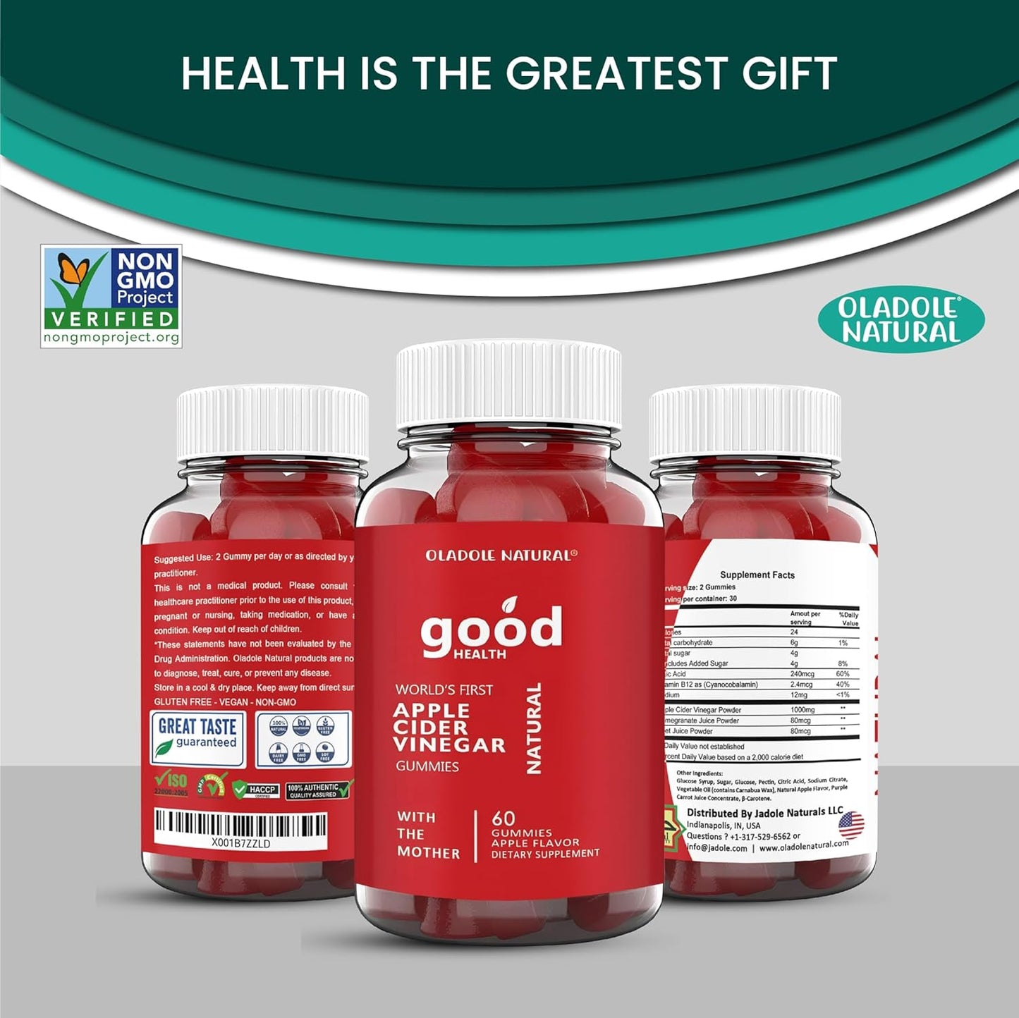 60 Oladole Apple Cider Vinegar Gummies with Mother, Vitamin B12, B9, Pomegranate, Beetroot - Gelatin-Free, Gluten-Free, Vegan