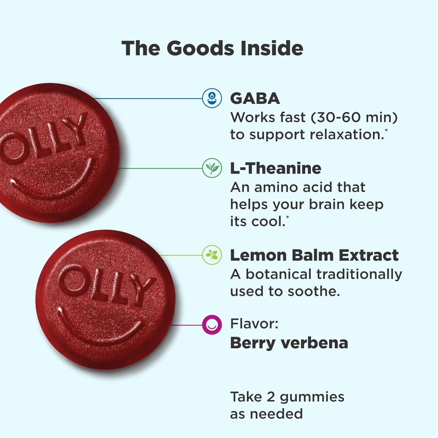 60 OLLY Goodbye Stress Gummies with GABA, L-Theanine, Lemon Balm for Stress Relief - Berry Flavor