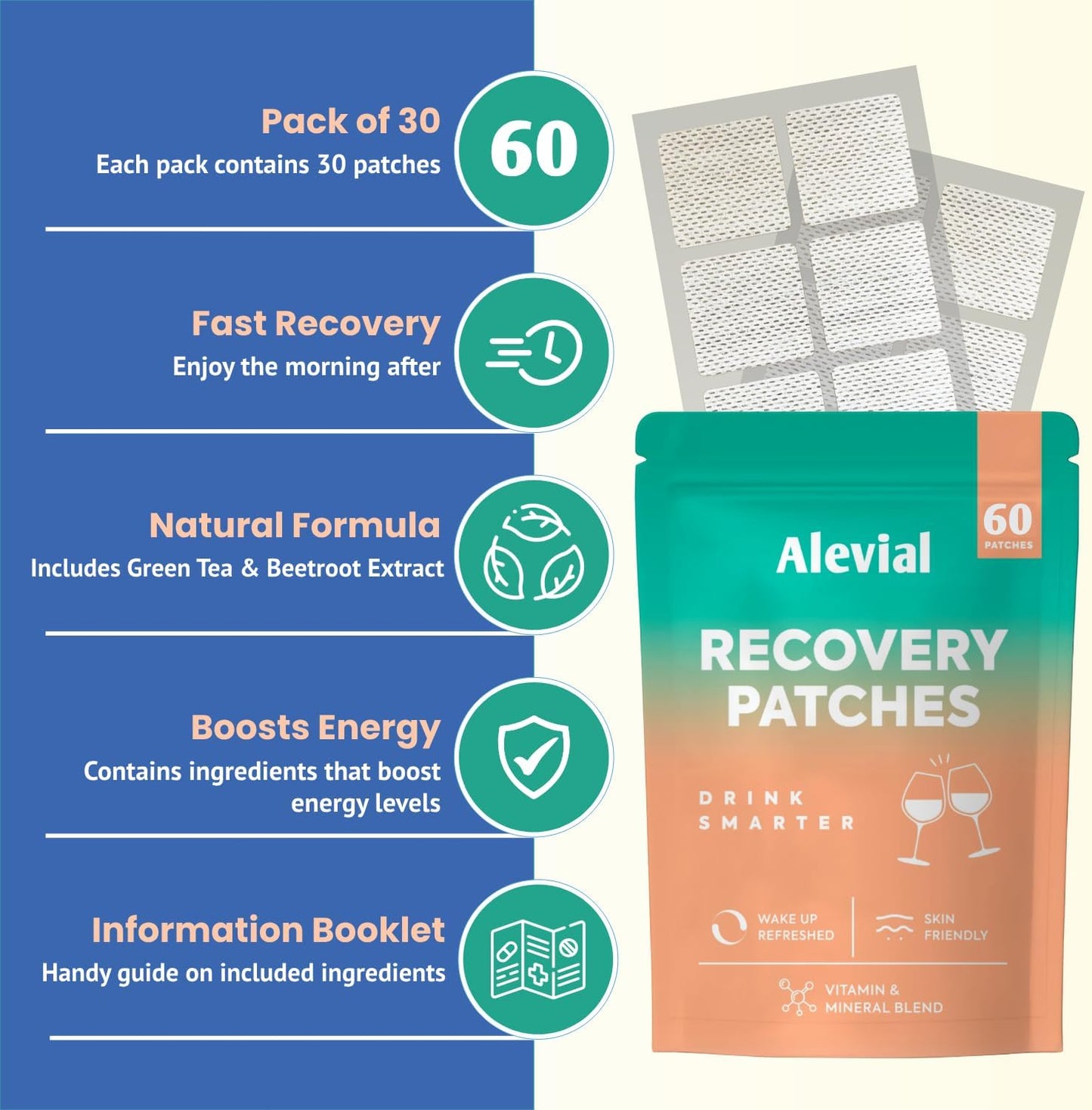 60 Pack of Alevial Party Recovery Patches for Hangover Relief and Detox
