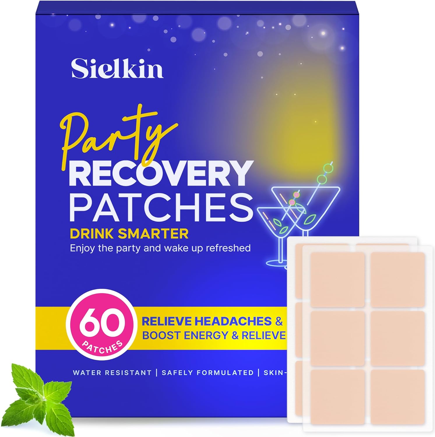 60 Pack Sielkin Party Recovery Patches - Waterproof & Skin-Friendly - Energizing & Refreshing Patch with Natural Ingredients