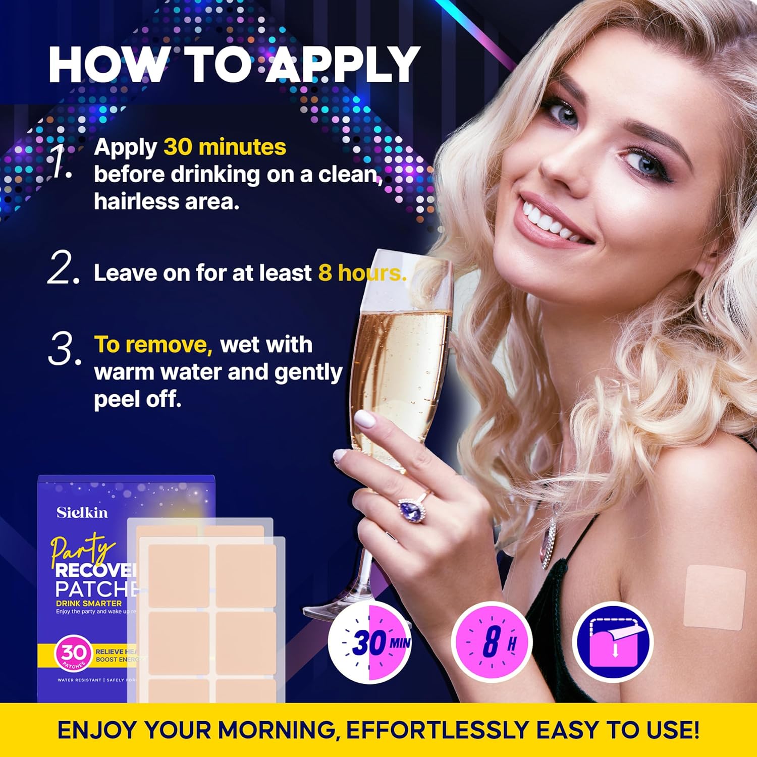 60 Pack Sielkin Party Recovery Patches - Waterproof & Skin-Friendly - Energizing & Refreshing Patch with Natural Ingredients