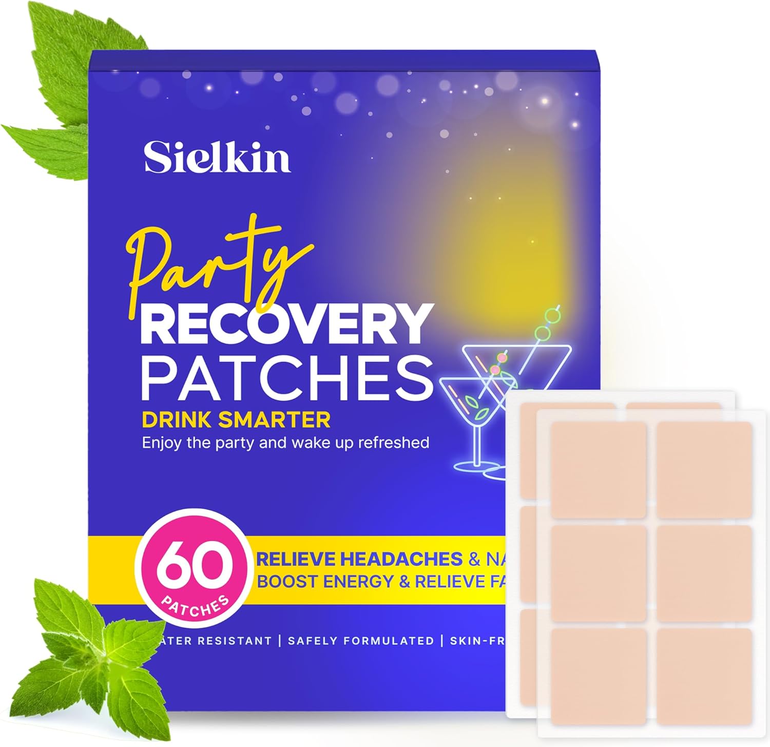 60 Pack Sielkin Party Recovery Patches - Waterproof & Skin-Friendly - Energizing & Refreshing Patch with Natural Ingredients