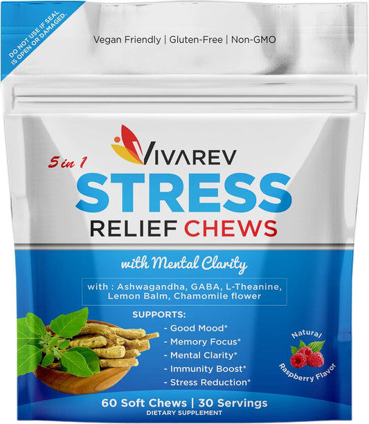 60 Pack VIVAREV Ashwagandha Gummies for Stress Relief & Focus - Ashwagandha, GABA, L Theanine, Lemon Balm, Chamomile - Raspberry Flavor