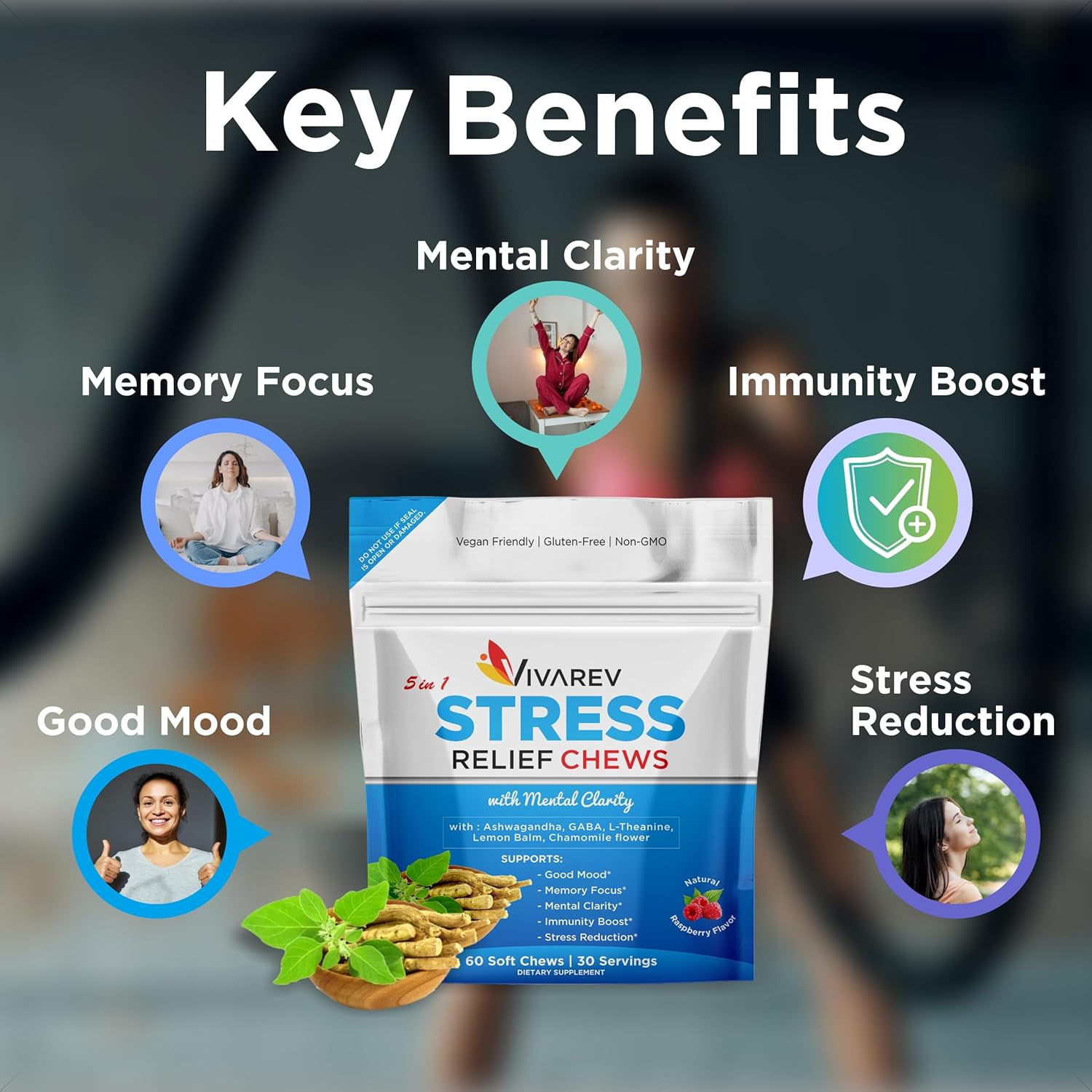 60 Pack VIVAREV Ashwagandha Gummies for Stress Relief & Focus - Ashwagandha, GABA, L Theanine, Lemon Balm, Chamomile - Raspberry Flavor