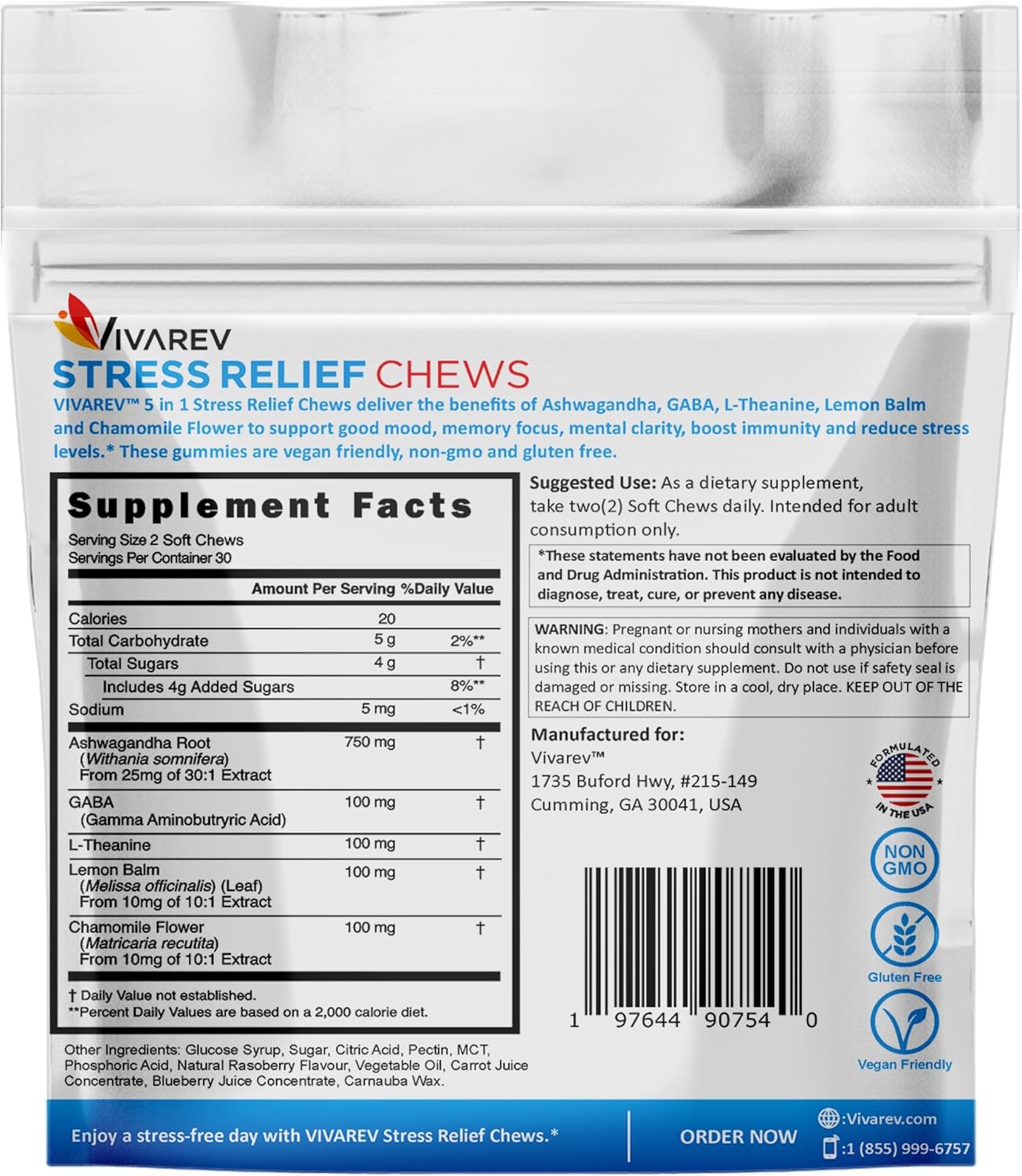 60 Pack VIVAREV Ashwagandha Gummies for Stress Relief & Focus - Ashwagandha, GABA, L Theanine, Lemon Balm, Chamomile - Raspberry Flavor