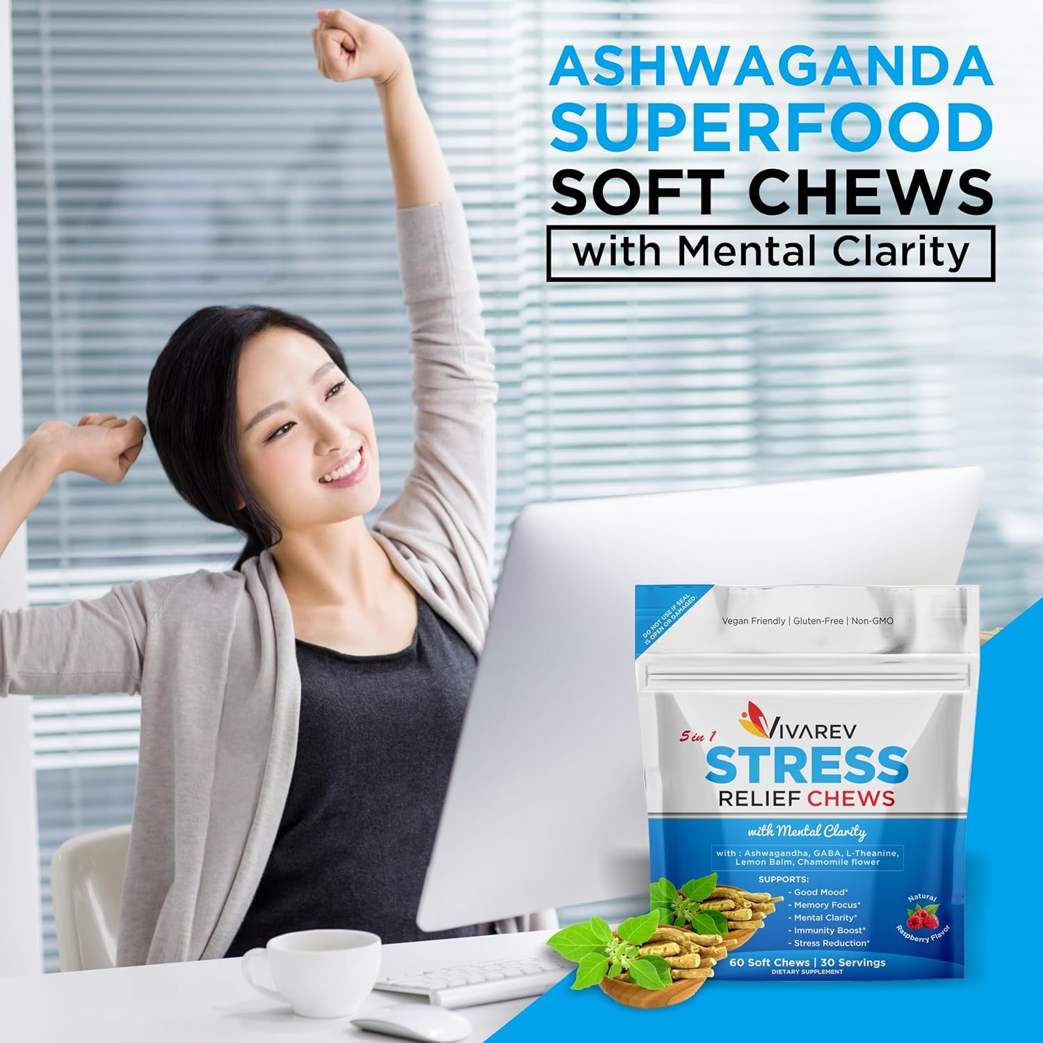 60 Pack VIVAREV Ashwagandha Gummies for Stress Relief & Focus - Ashwagandha, GABA, L Theanine, Lemon Balm, Chamomile - Raspberry Flavor