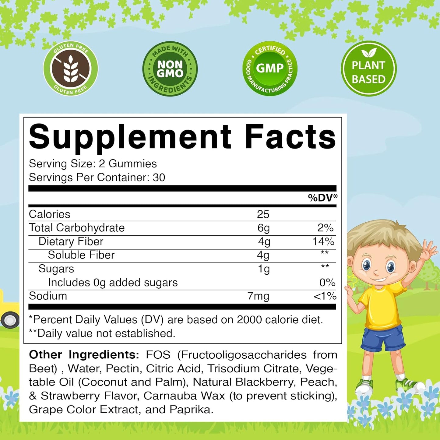 60 Pectin-Based Fiber Gummies for Kids - Prebiotic & Sugar-Free - Promotes Digestive Health & Regularity - 4G Extra Strength Fiber
