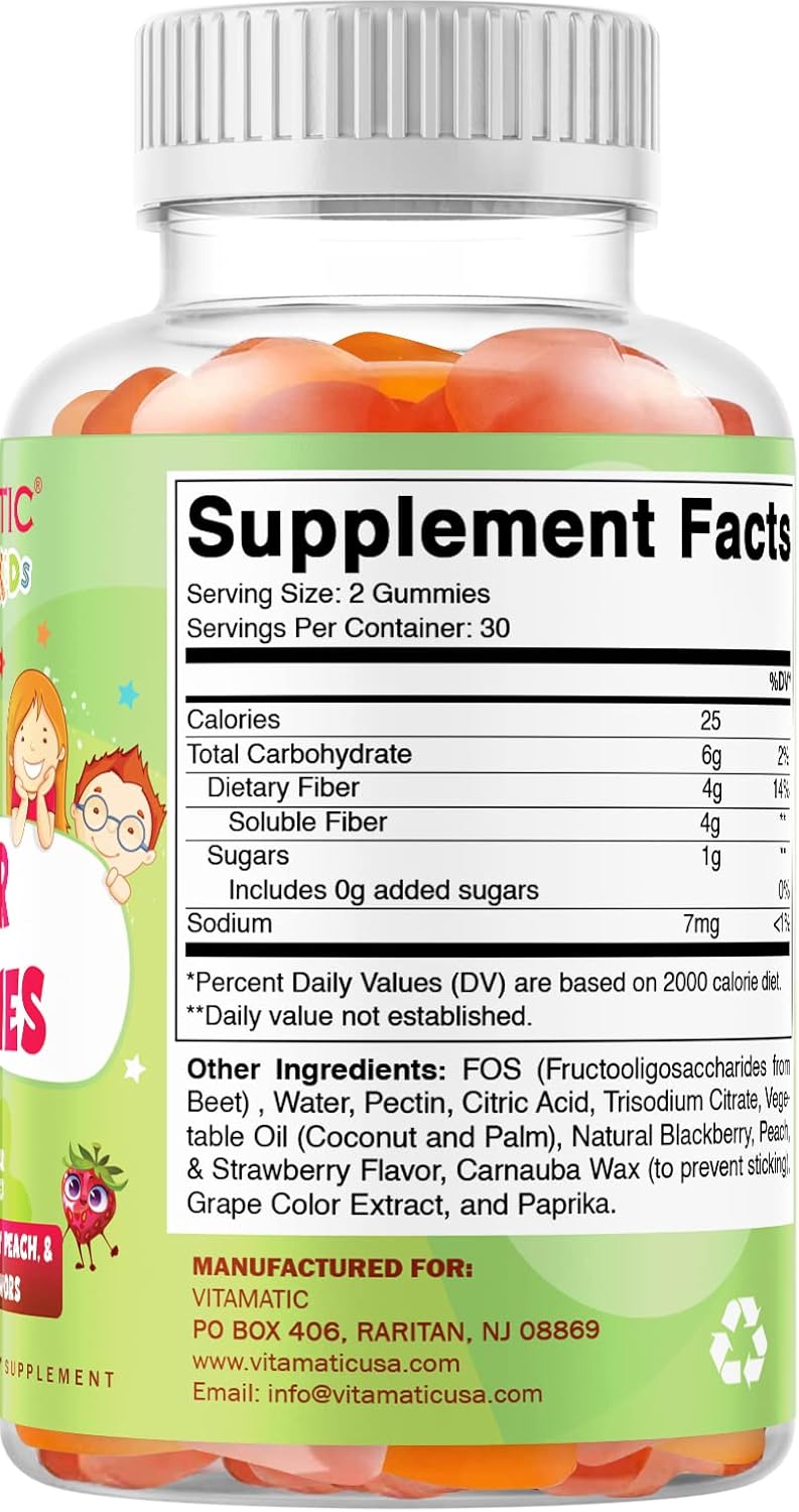 60 Pectin-Based Fiber Gummies for Kids - Prebiotic & Sugar-Free - Promotes Digestive Health & Regularity - 4G Extra Strength Fiber