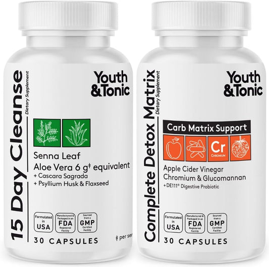 60 Pills Youth & Tonic Colon Cleanser & Detox - Senna Leaf, Apple Cider Vinegar, Glucomannan - Break Plateau, Reduce Bloating, Eliminate Waste