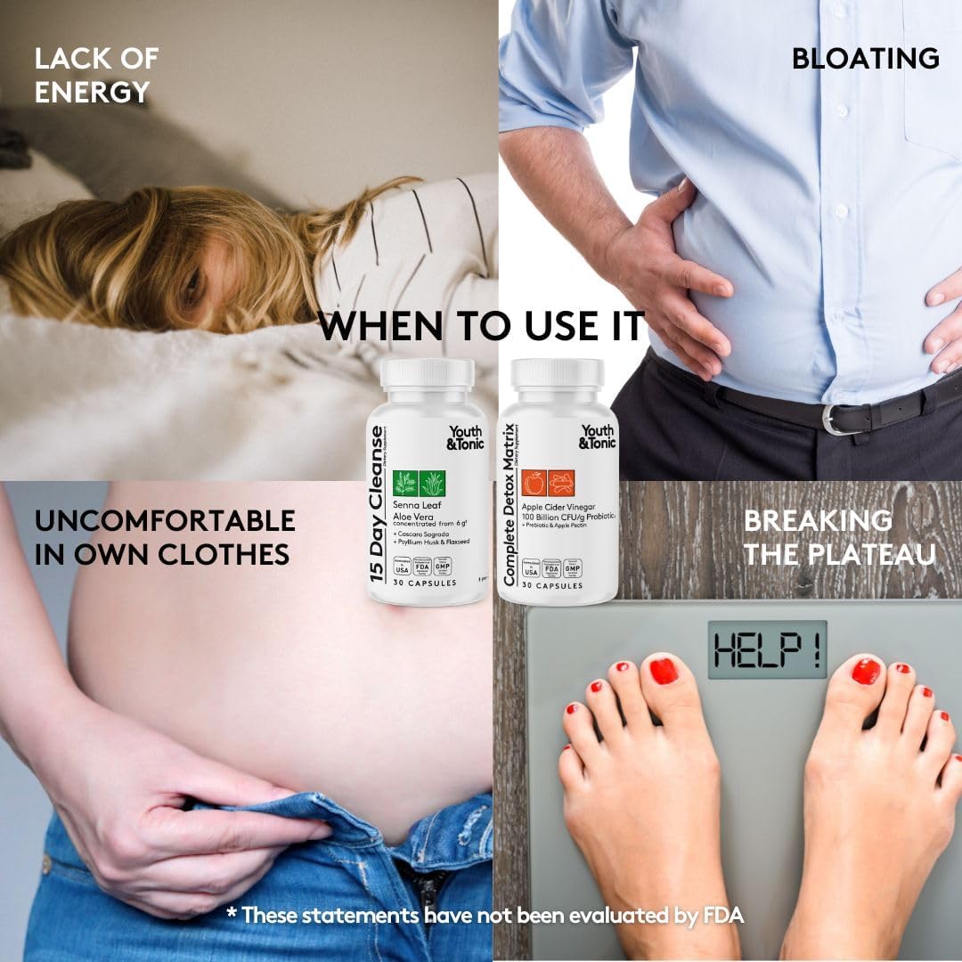 60 Pills Youth & Tonic Colon Cleanser & Detox - Senna Leaf, Apple Cider Vinegar, Glucomannan - Break Plateau, Reduce Bloating, Eliminate Waste