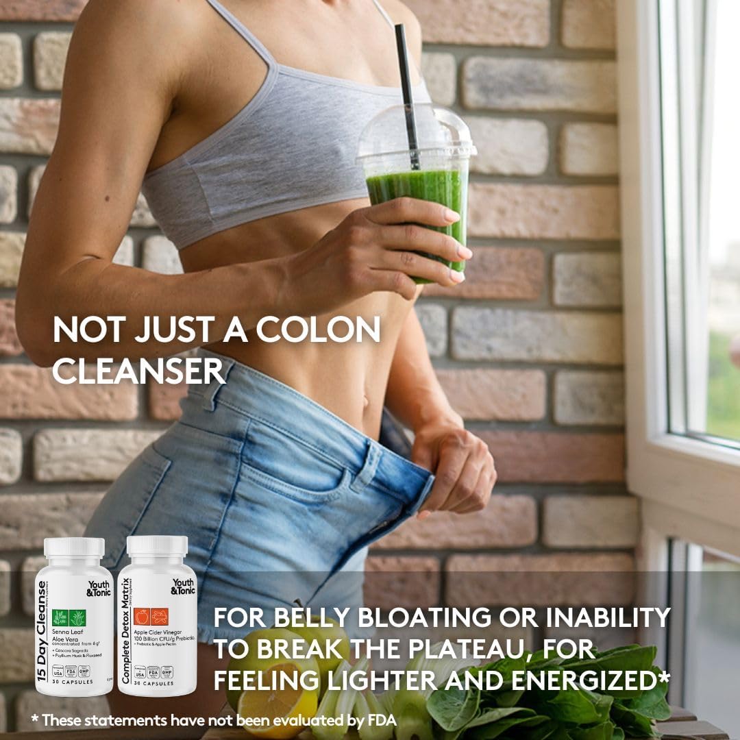 60 Pills Youth & Tonic Colon Cleanser & Detox - Senna Leaf, Apple Cider Vinegar, Glucomannan - Break Plateau, Reduce Bloating, Eliminate Waste