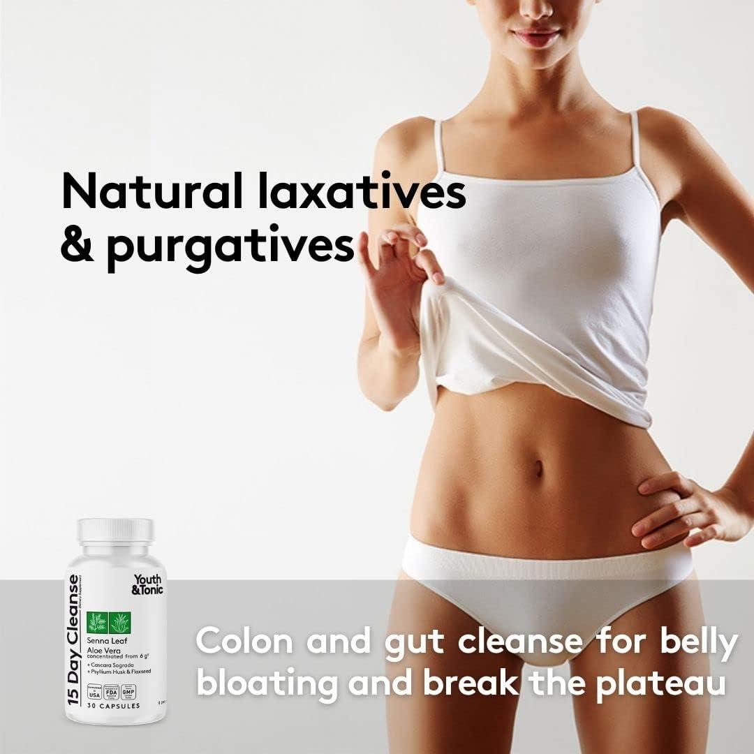 60 Pills Youth & Tonic Colon Cleanser & Detox - Senna Leaf, Apple Cider Vinegar, Glucomannan - Break Plateau, Reduce Bloating, Eliminate Waste
