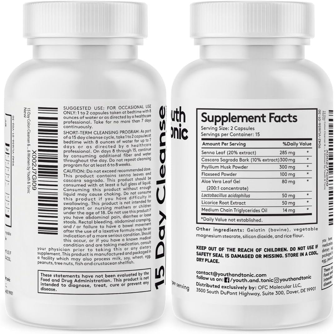 60 Pills Youth & Tonic Colon Cleanser & Detox - Senna Leaf, Apple Cider Vinegar, Glucomannan - Break Plateau, Reduce Bloating, Eliminate Waste
