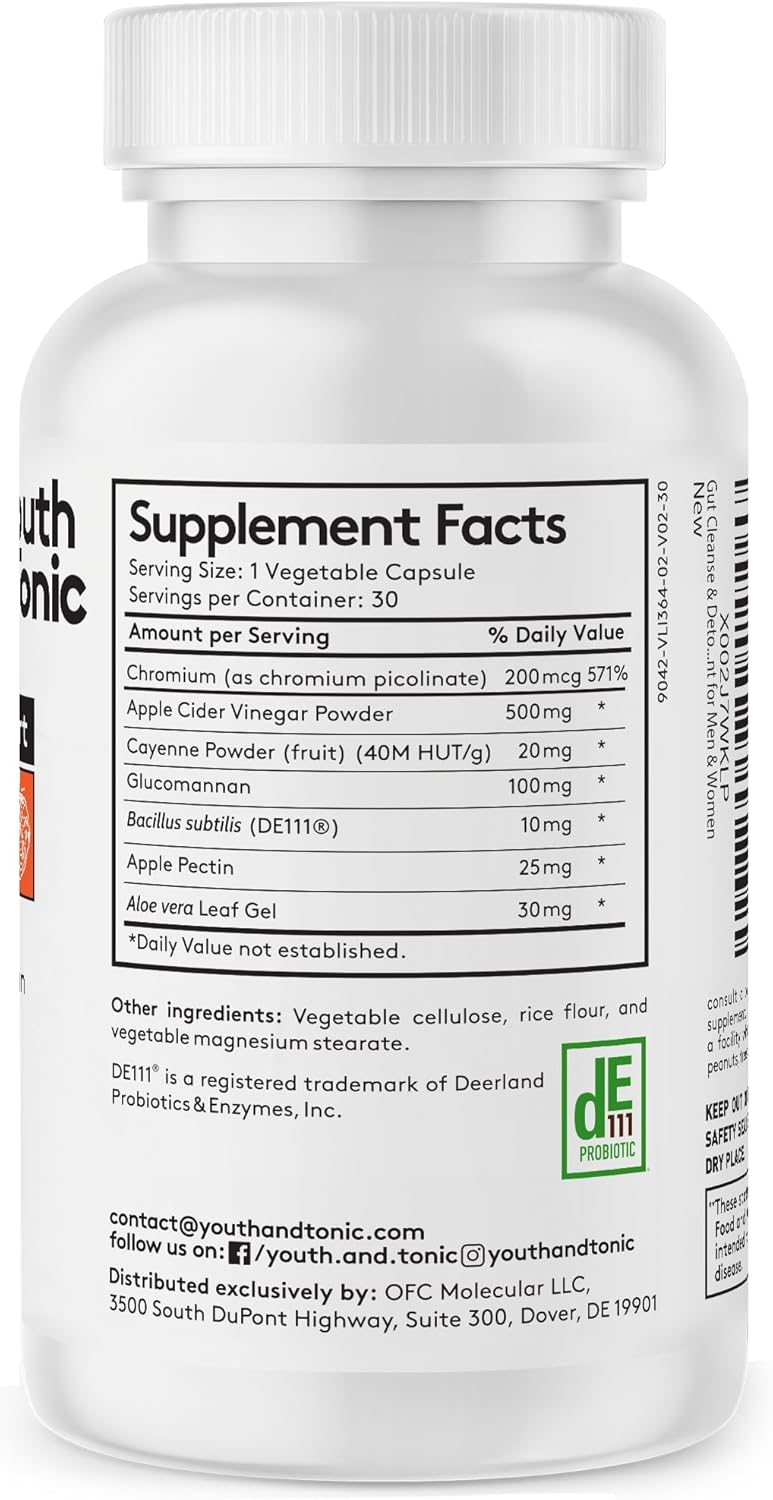60 Pills Youth & Tonic Colon Cleanser & Detox - Senna Leaf, Apple Cider Vinegar, Glucomannan - Break Plateau, Reduce Bloating, Eliminate Waste