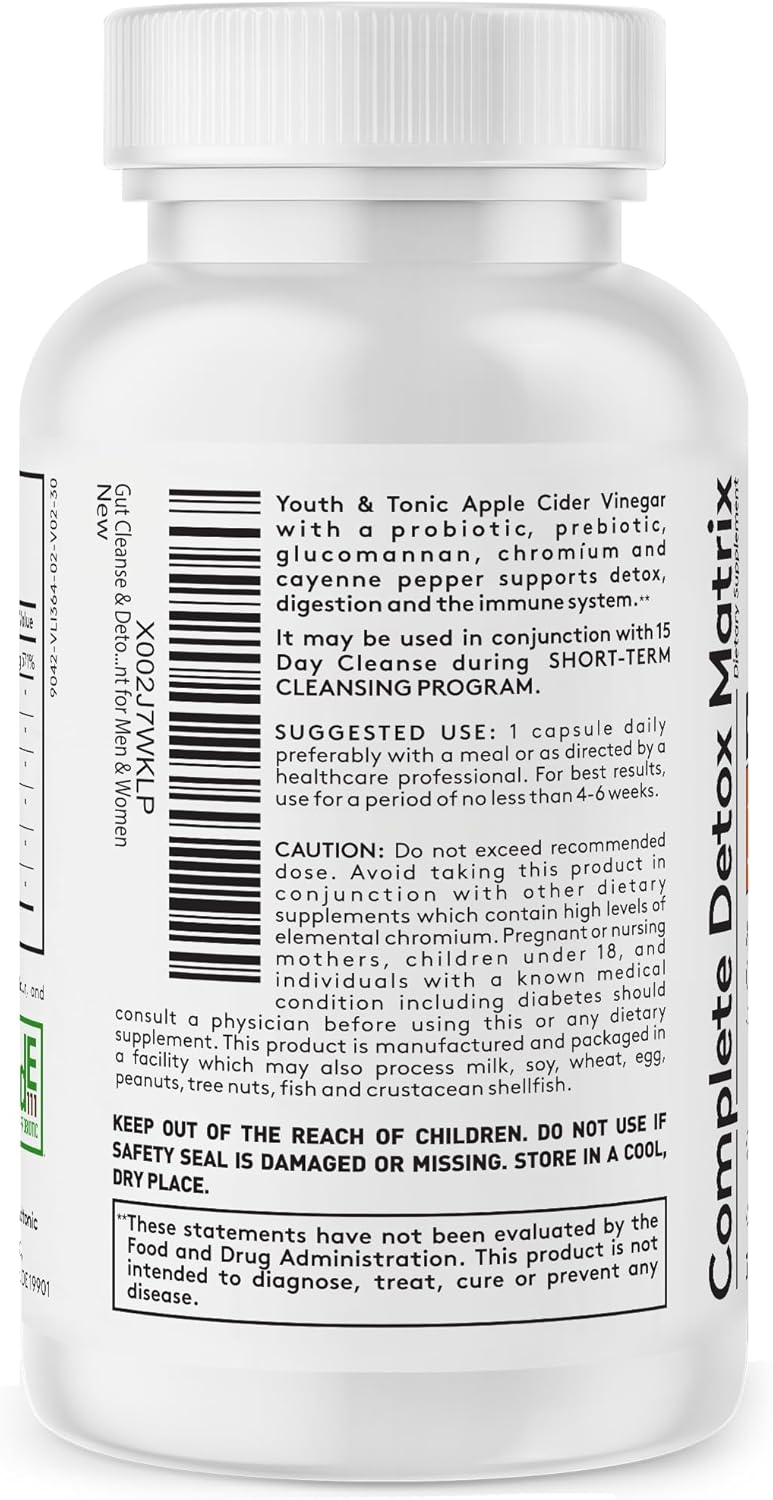 60 Pills Youth & Tonic Colon Cleanser & Detox - Senna Leaf, Apple Cider Vinegar, Glucomannan - Break Plateau, Reduce Bloating, Eliminate Waste