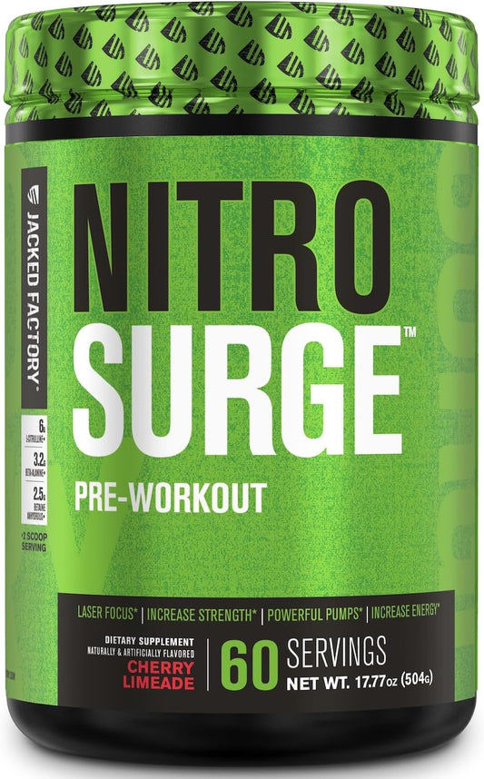 60 Servings Jacked Factory NITROSURGE Pre Workout Supplement - Nitric Oxide Booster for Energy, Strength, Focus, and Pumps - Cherry Limeade Flavor
