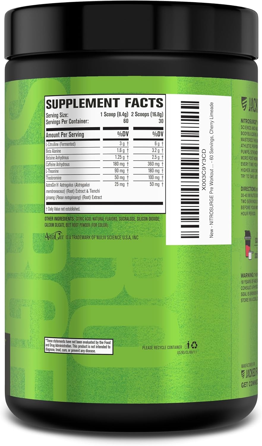 60 Servings Jacked Factory NITROSURGE Pre Workout Supplement - Nitric Oxide Booster for Energy, Strength, Focus, and Pumps - Cherry Limeade Flavor