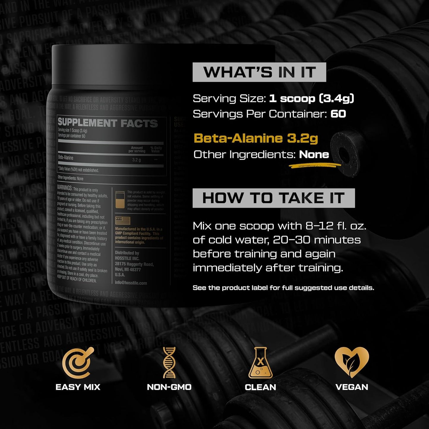 60 Servings of HOSSTILE Beta-Alanine Powder for Pre Workout - Enhances Strength, Performance, and Delays Muscular Fatigue - Unflavored