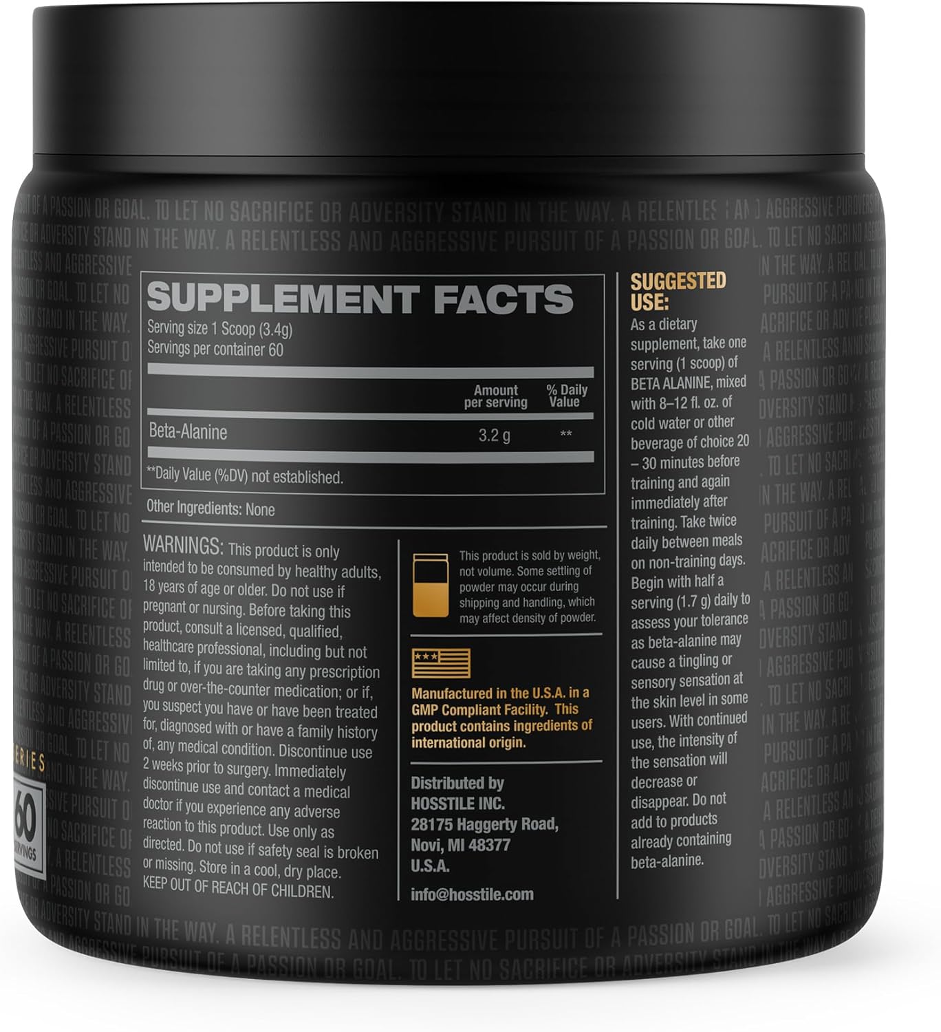 60 Servings of HOSSTILE Beta-Alanine Powder for Pre Workout - Enhances Strength, Performance, and Delays Muscular Fatigue - Unflavored