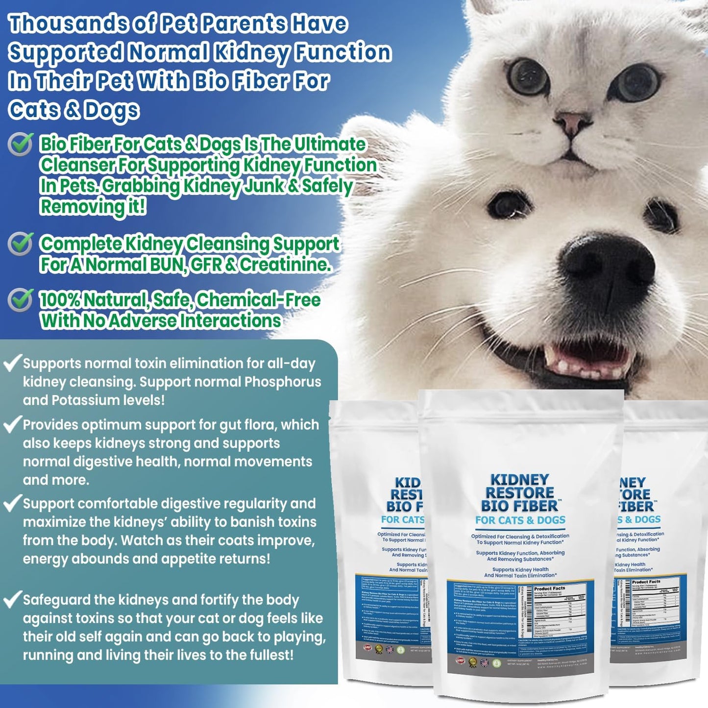 60 Servings of Kidney Restore Bio Fiber for Cat & Dog Kidney Health, Supports Normal Kidney Function, Renal Support Pet Supplement with Renal Food
