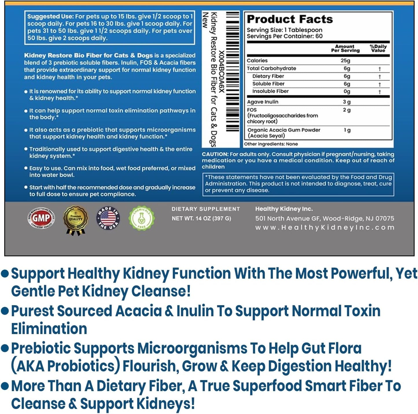 60 Servings of Kidney Restore Bio Fiber for Cat & Dog Kidney Health, Supports Normal Kidney Function, Renal Support Pet Supplement with Renal Food