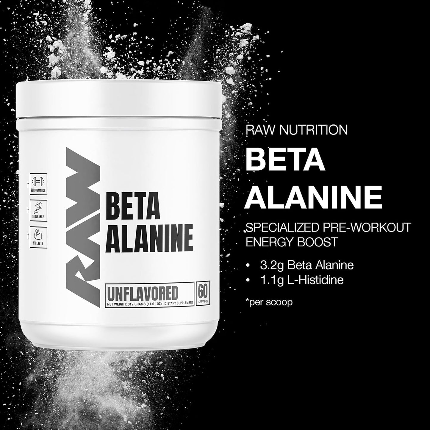 60 Servings of RAW Beta Alanine Powder for Improved Workout Endurance - Unflavored Pre-Workout Supplement for Men & Women - Reduce Muscular Fatigue with Beta Alanine Powder