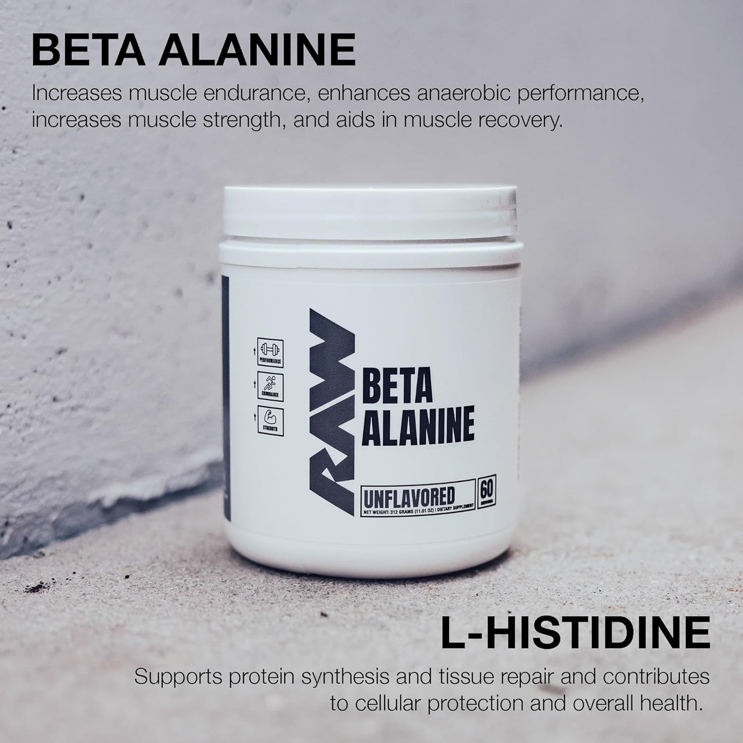 60 Servings of RAW Beta Alanine Powder for Improved Workout Endurance - Unflavored Pre-Workout Supplement for Men & Women - Reduce Muscular Fatigue with Beta Alanine Powder