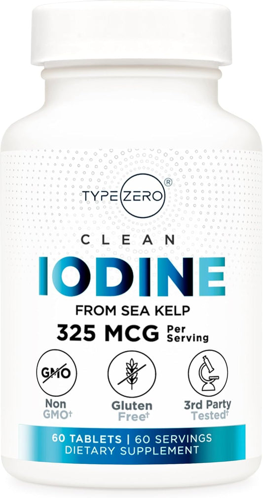 60 Servings of Type Zero Clean Iodine Tablets - 325 MCG Per Serving, Non-GMO, Gluten Free, Made from Sea Kelp