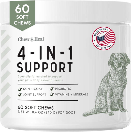 60 Soft Chew Treats Chewable Multivitamin with Probiotics, Digestive Enzymes, Omega, Calcium - All-in-One Dog Vitamin for Skin, Coat, Hip & Joint Support - Made in USA by Chew + Heal Labs