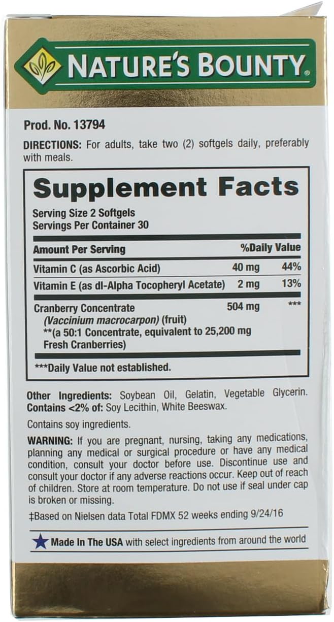 60 Soft Gels Nature's Bounty Cranberry Supplement - Supports Urinary Tract Health
