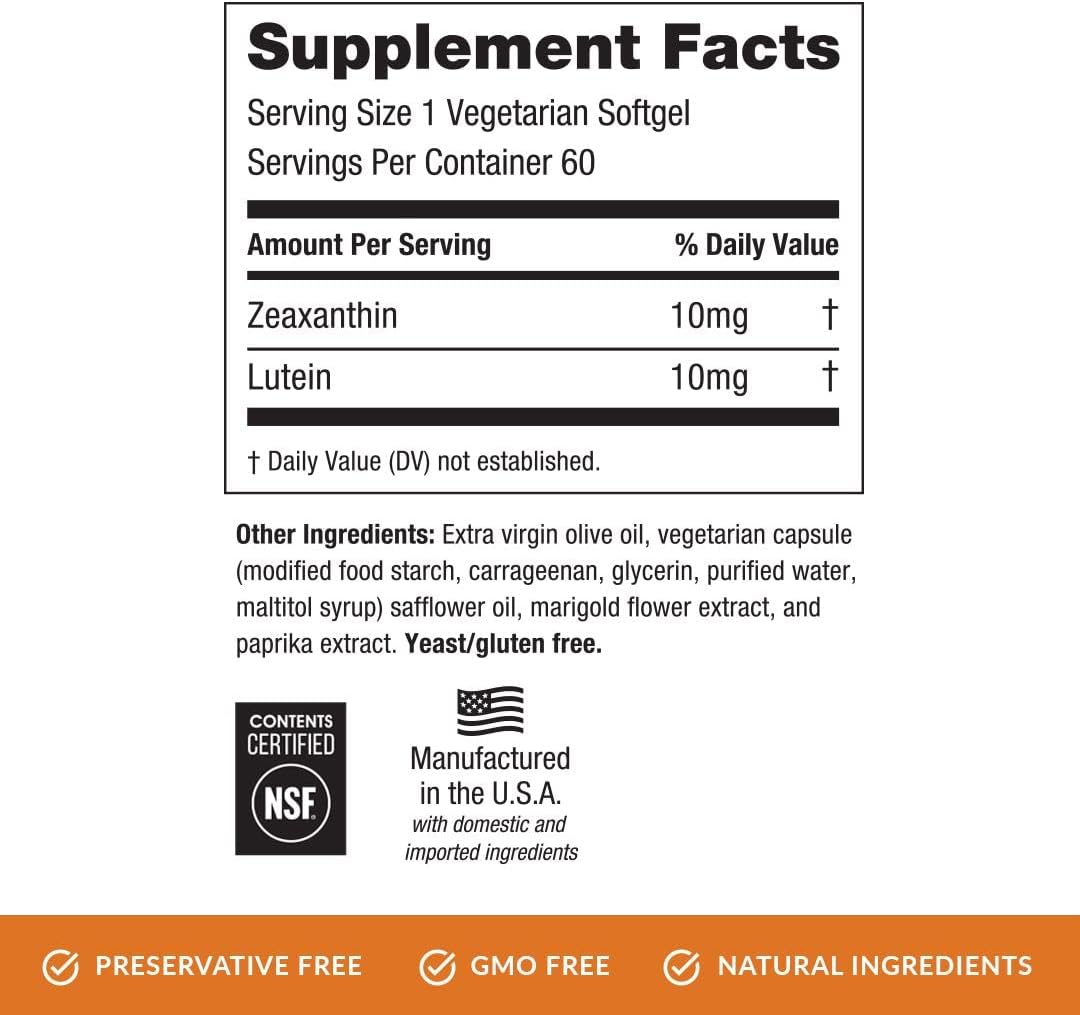 60 Softgel Capsules Eye Vitamin with Zeaxanthin & Lutein, Gluten-Free & Vegetarian, Natural Ingredients for Eye Health