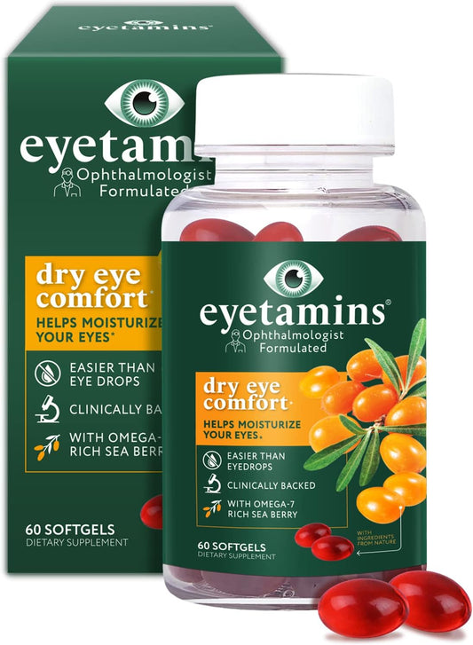 60 Softgel Eyetamins Dry Eye Comfort with Himalayan Sea Buckthorn Oil - Ophthalmologist Formulated, Vegan & Non-GMO