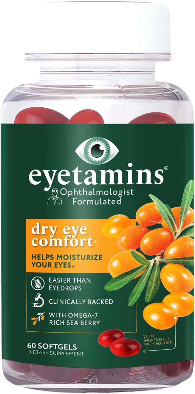 60 Softgel Eyetamins Dry Eye Comfort with Himalayan Sea Buckthorn Oil - Ophthalmologist Formulated, Vegan & Non-GMO