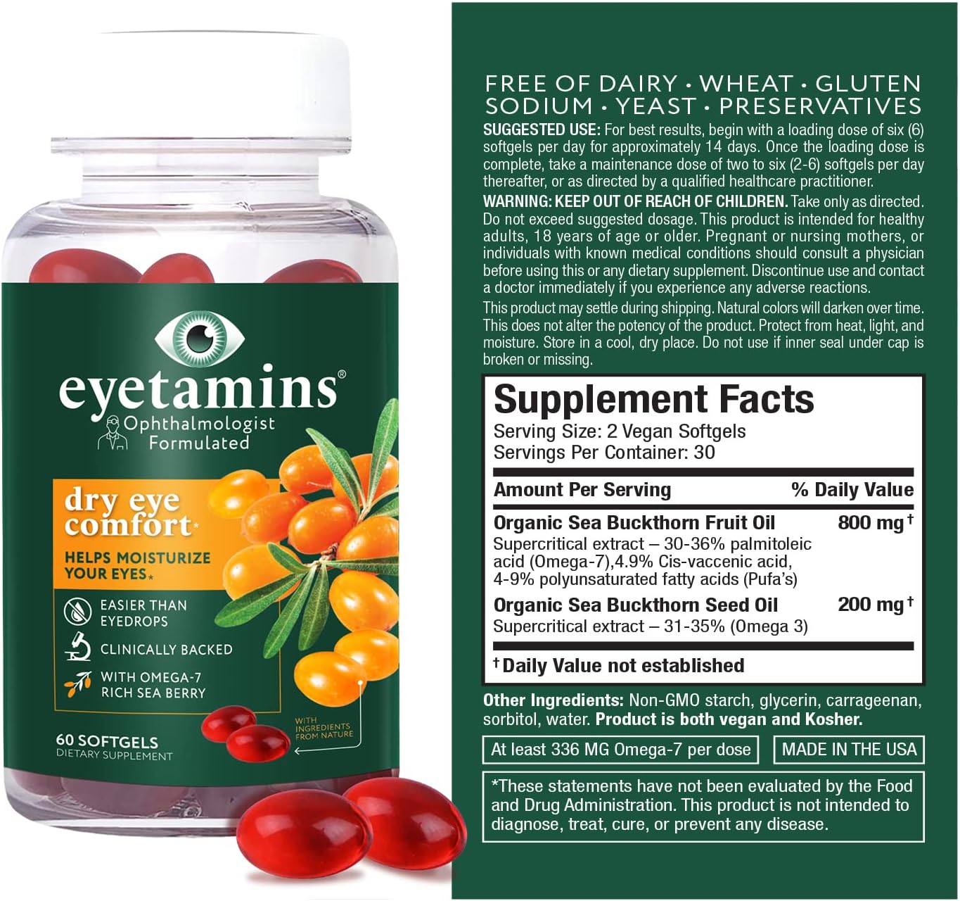 60 Softgel Eyetamins Dry Eye Comfort with Himalayan Sea Buckthorn Oil - Ophthalmologist Formulated, Vegan & Non-GMO