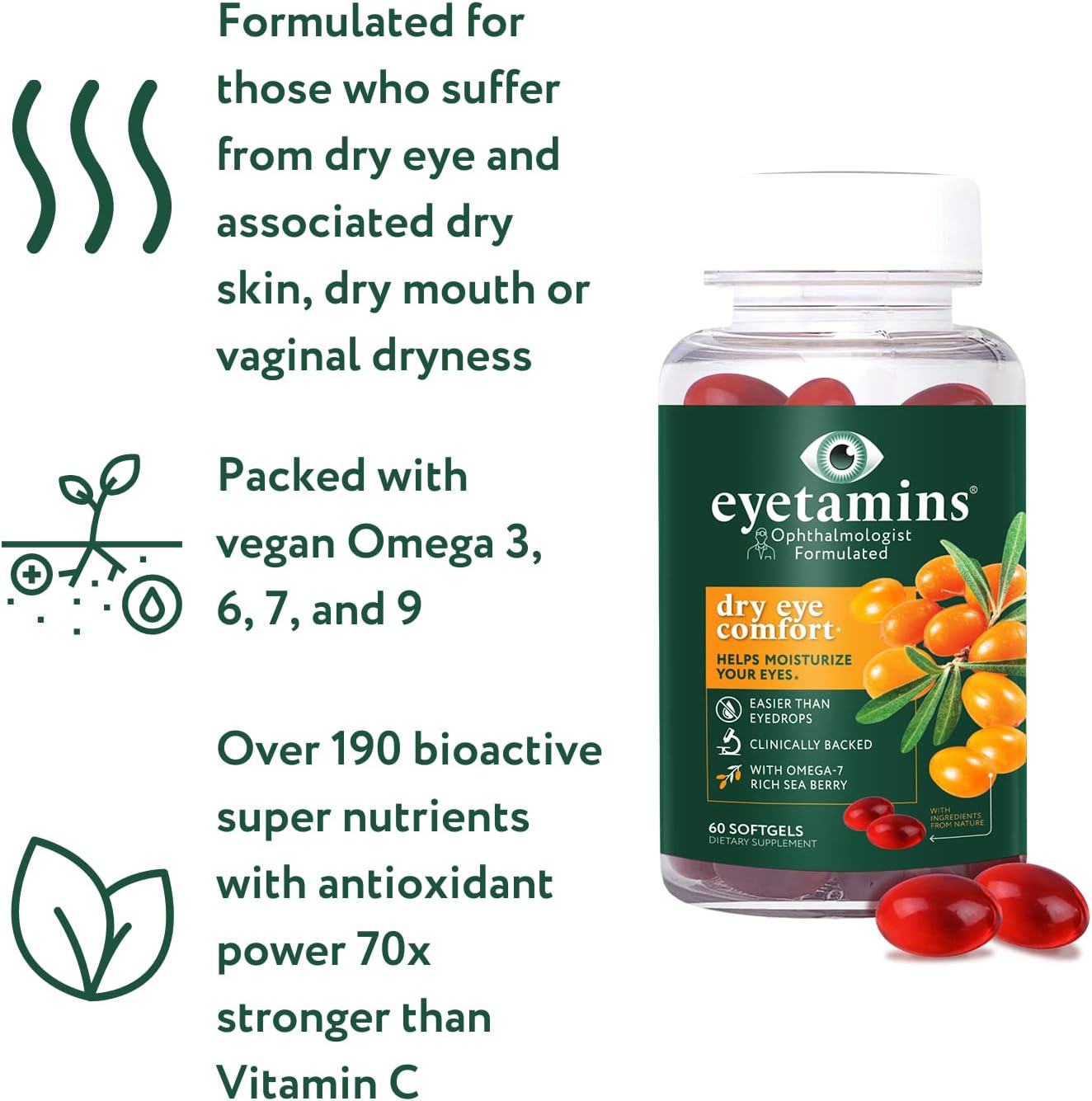 60 Softgel Eyetamins Dry Eye Comfort with Himalayan Sea Buckthorn Oil - Ophthalmologist Formulated, Vegan & Non-GMO