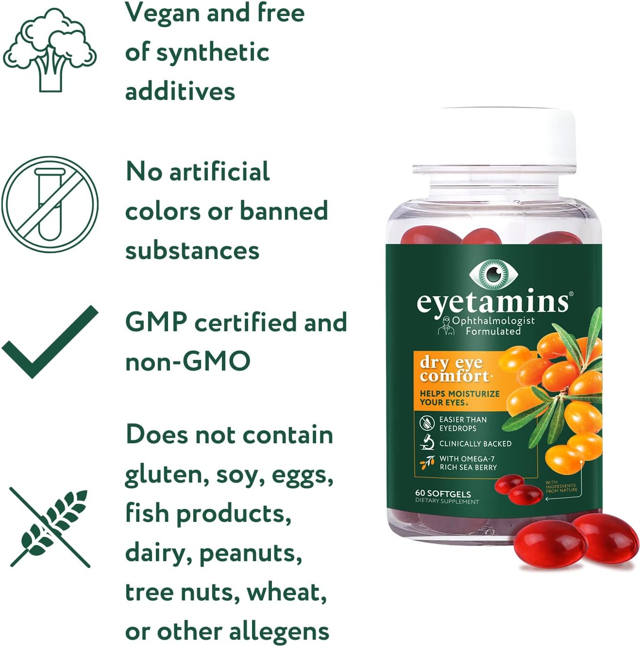 60 Softgel Eyetamins Dry Eye Comfort with Himalayan Sea Buckthorn Oil - Ophthalmologist Formulated, Vegan & Non-GMO