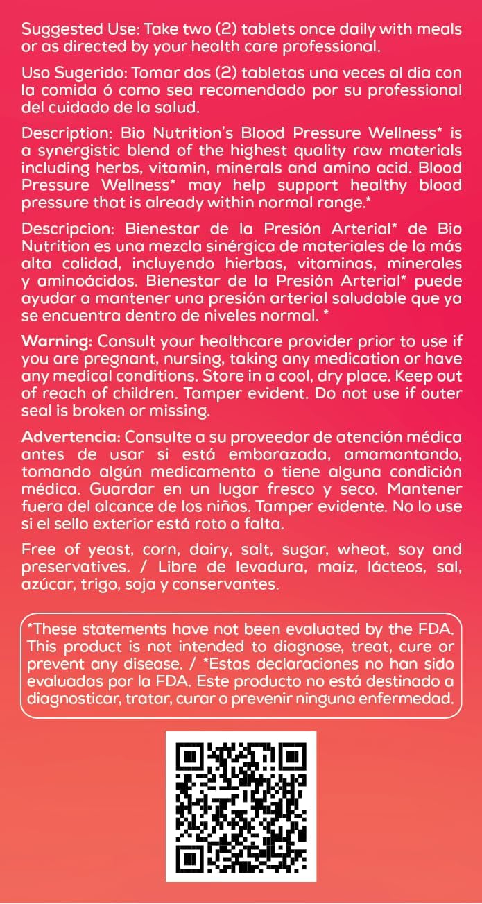 60 Tablets of Bio Nutrition Blood Pressure Wellness (2 Pack) | Supports Healthy Blood Circulation with Essential Vitamins and Nutrients such as Calcium and Magnesium