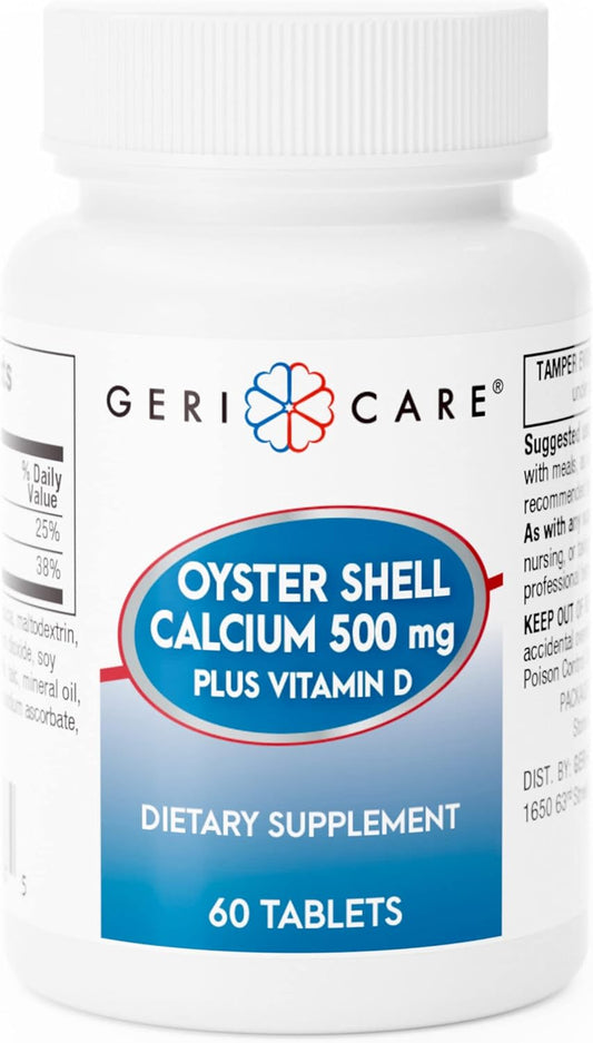 60 Tablets of GeriCare Oyster Shell Calcium 500mg + Vitamin D for Bone Health, Nutritional Support