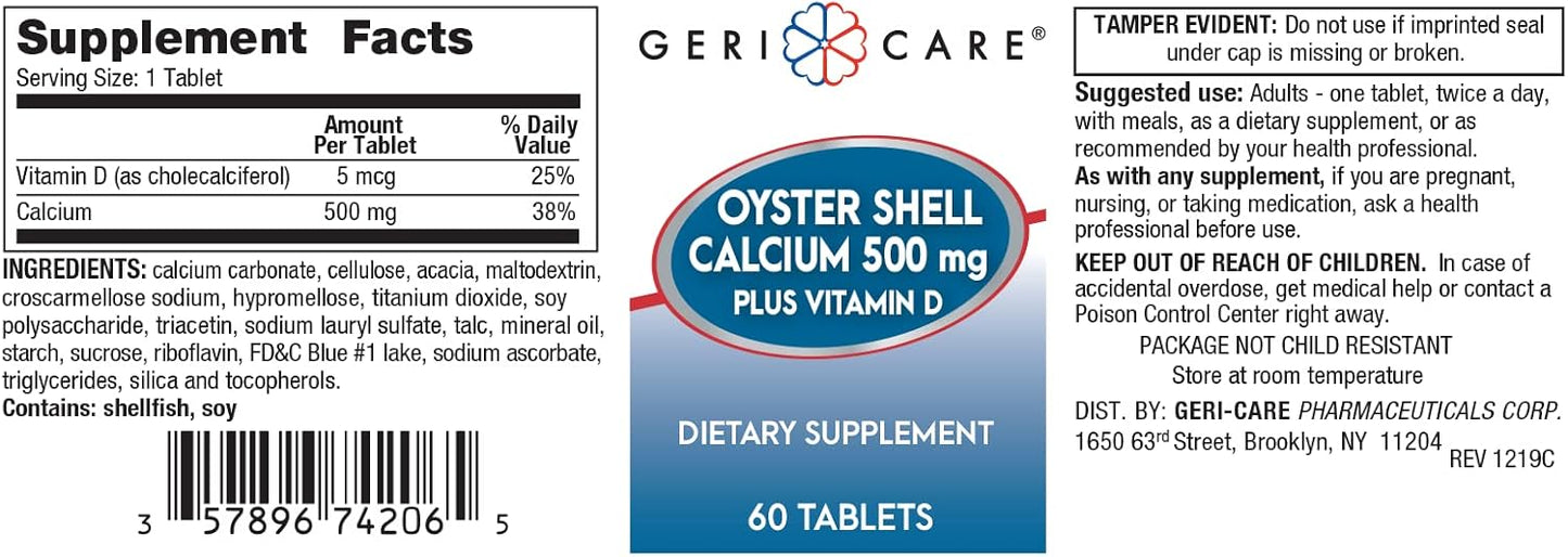 60 Tablets of GeriCare Oyster Shell Calcium 500mg + Vitamin D for Bone Health, Nutritional Support