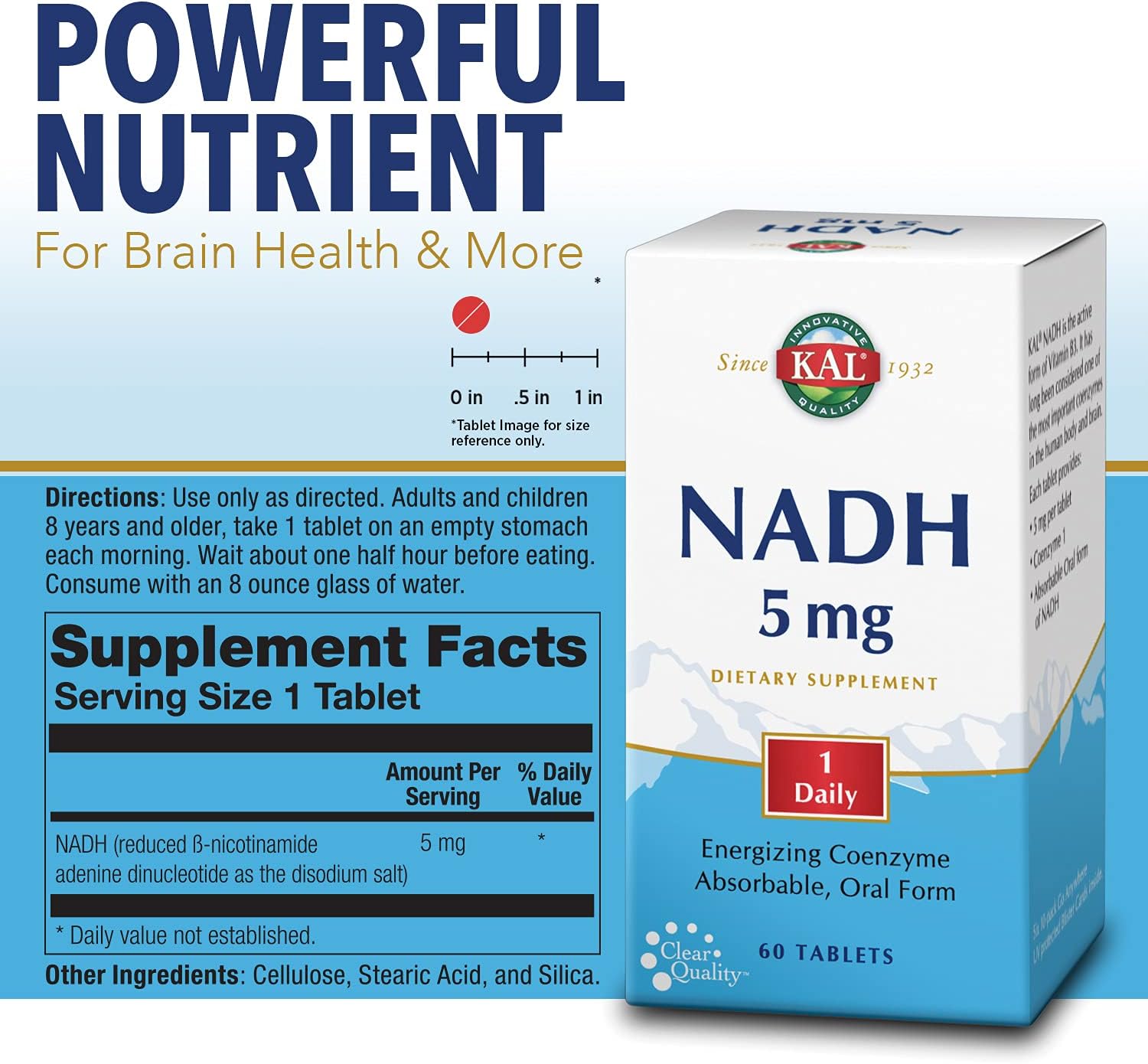 60 Tablets of KAL NADH 5mg for Increased Energy and Focus, 60 Servings