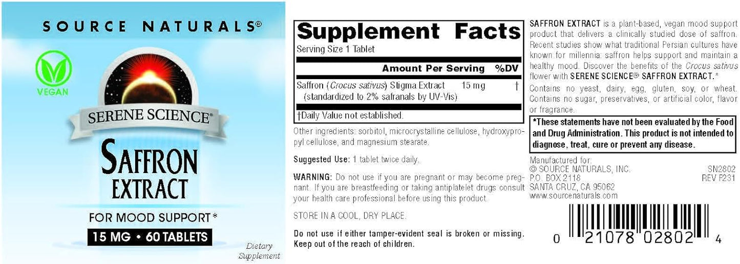 60 Tablets of Source Naturals Serene Science Saffron Extract for Mood Support