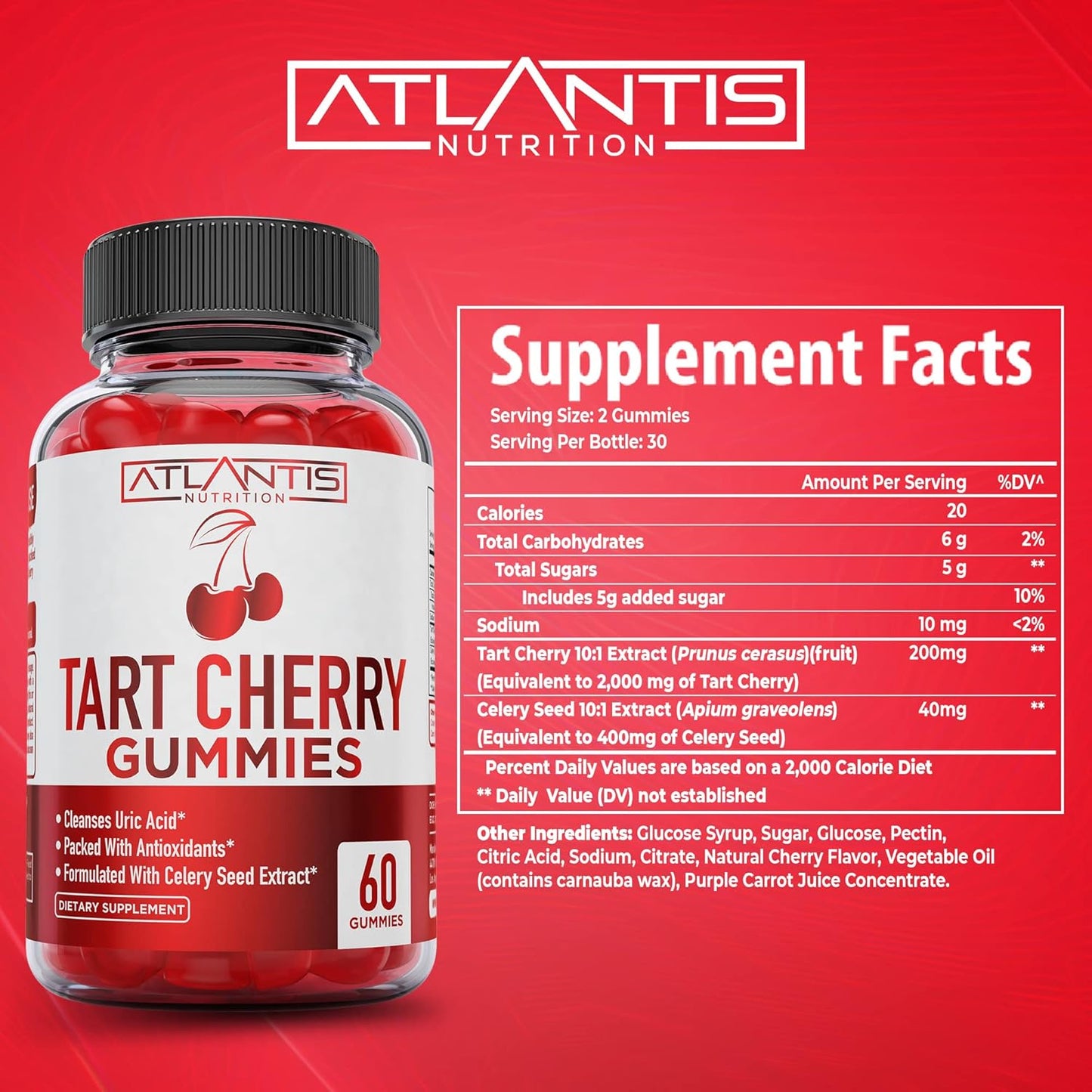 60 Tart Cherry Gummies with 8-in-1 Immune Support by Atlantis Nutrition