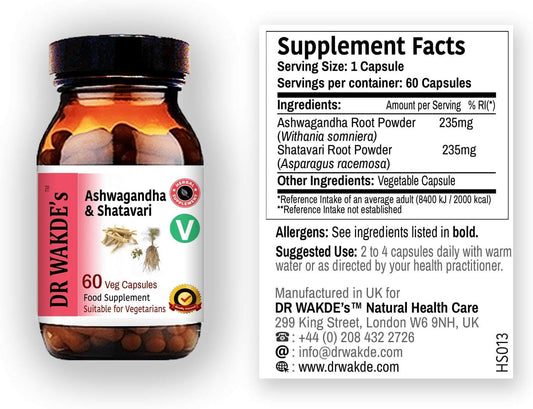 60 Veg Ashwagandha & Shatavari Capsules - Herbal Energy Support Supplement - Vegan & All Natural - Made in UK