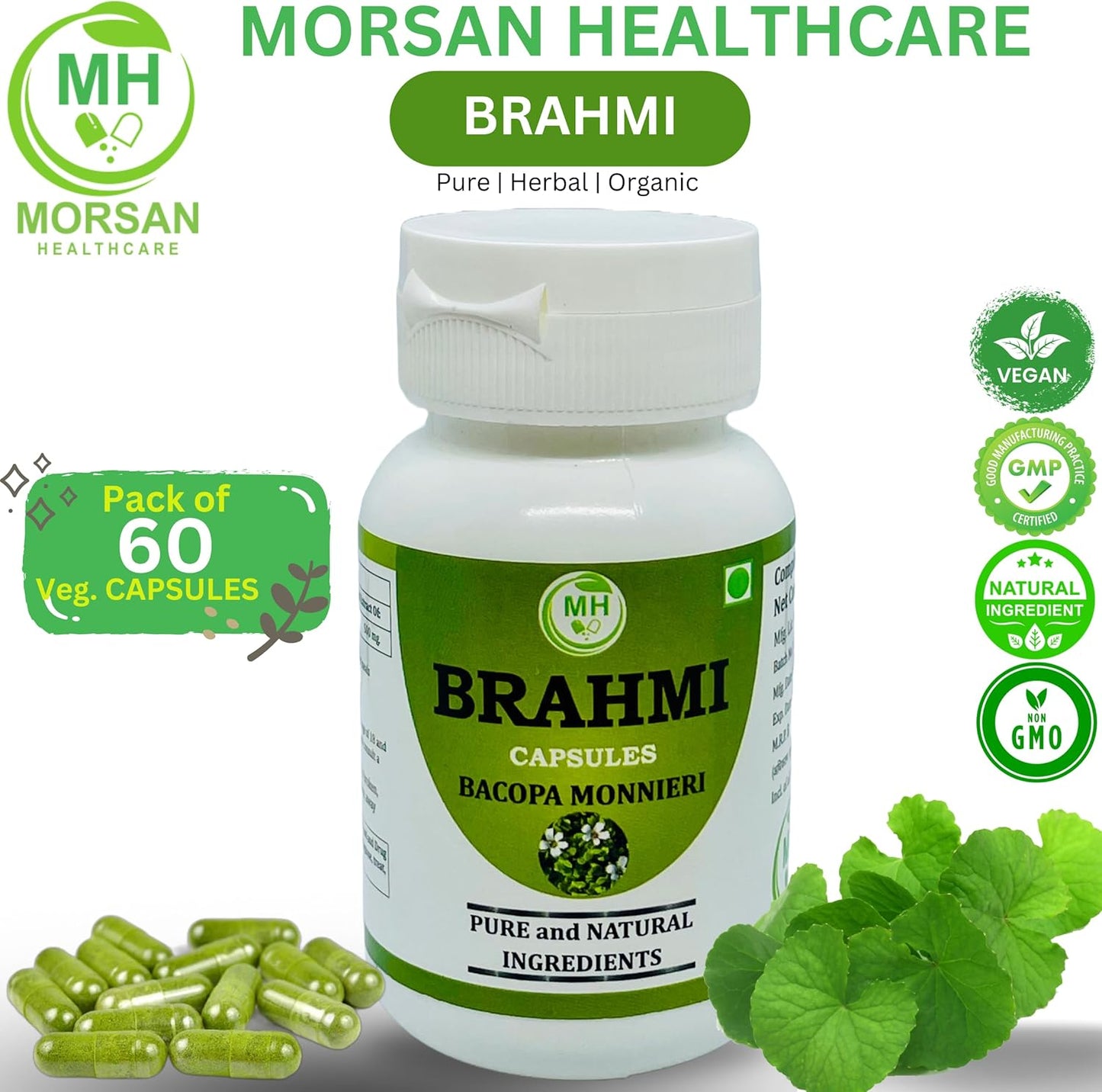 60 Veg. Capsules of Morsan Healthcare Brahmi (Centella Asiatica) 500mg - Pure Herbal Supplement (2 Pack)